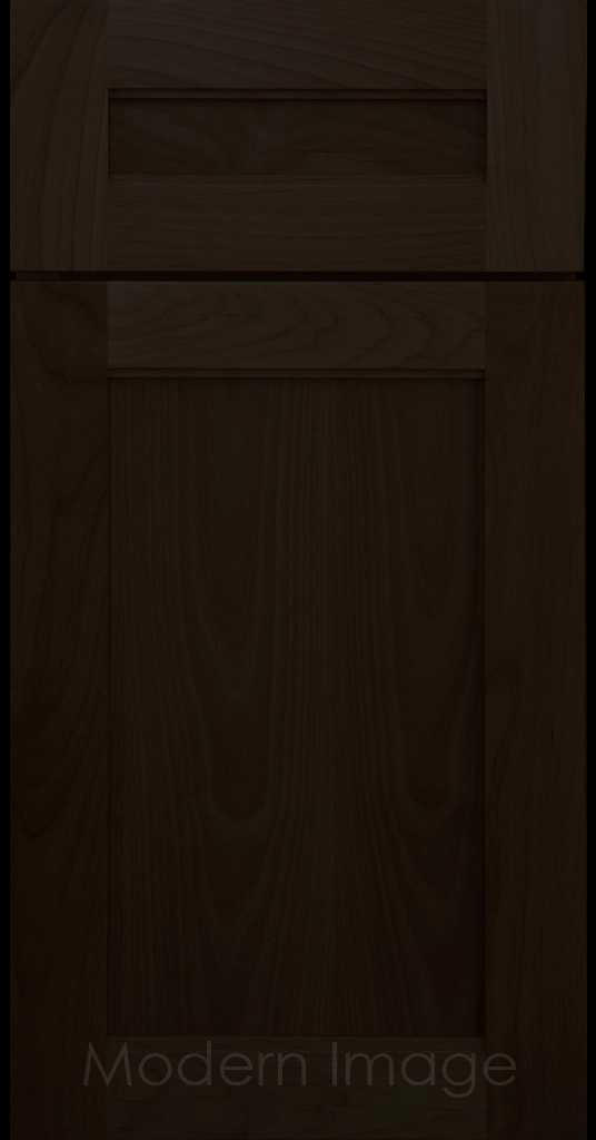 Destin shaker cabinet in Brownie Stain featuring ledge detail and vertical joints around a recessed center panel.